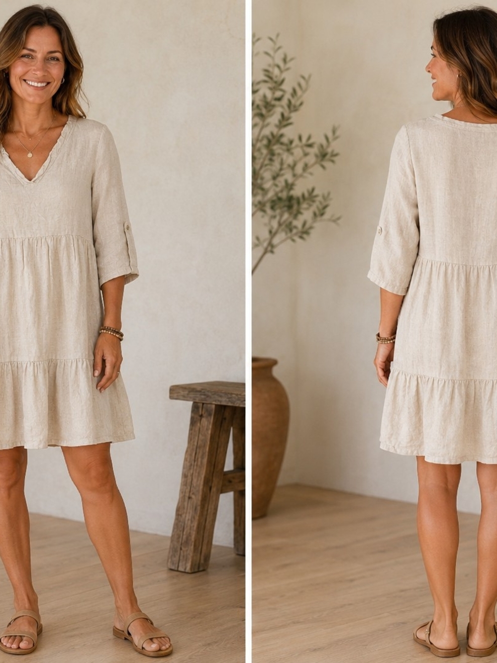 Casual Beige Tiered Mini Dress with V-Neck